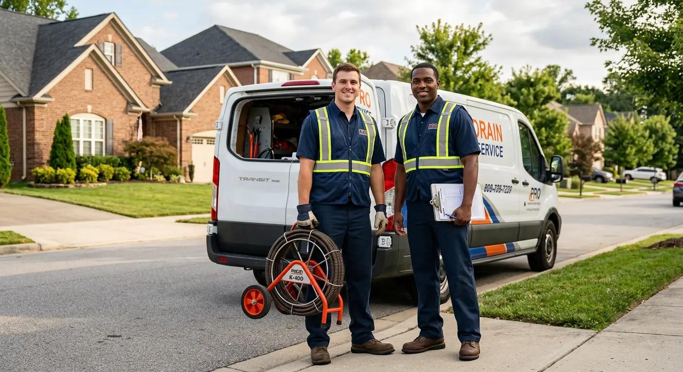 Sewer and drain service team with equipment ready for work in Woodbury