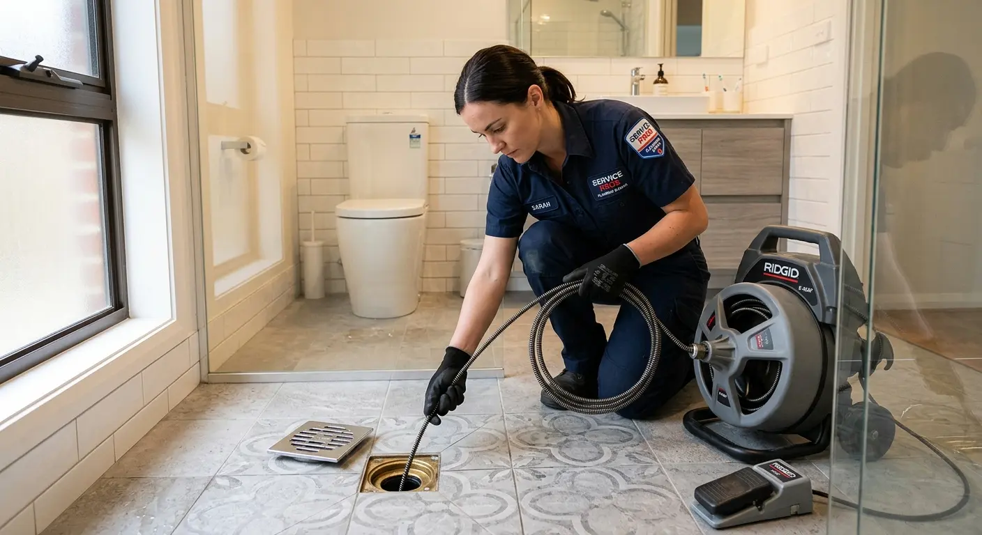 Technician clearing a bathroom floor drain for Sewer Line Replacement in Woodbury